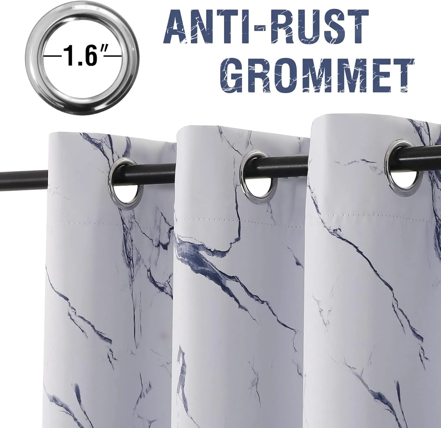 H.VERSAILTEX 100% Blackout Curtains 63 inch Length 2 Panels Set Marble Designs Printed Drapes Thermal Curtains for Bedroom with Black Liner Sound Proof Curtains, Dark Blue
