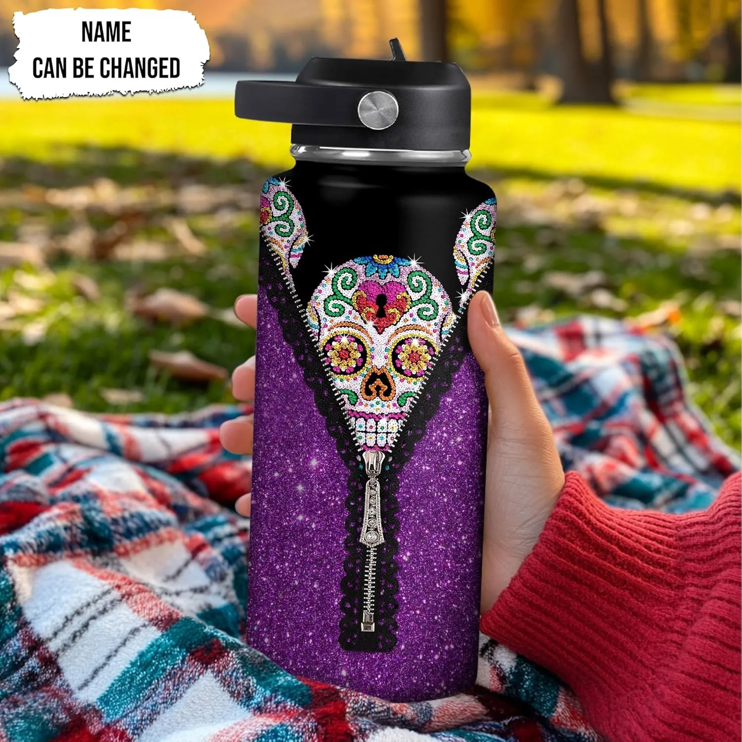 Hyturtle Personalized Gifts for Skull Lover-Birthday Christmas Halloween-Sugar Skull Purple Flower Goth Gothic Custom Name 18oz 32oz Stainless Steel Bottle With Straw Lid for Her Women Mom Girl Friend
