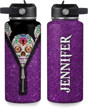 Hyturtle Personalized Gifts for Skull Lover-Birthday Christmas Halloween-Sugar Skull Purple Flower Goth Gothic Custom Name 18oz 32oz Stainless Steel Bottle With Straw Lid for Her Women Mom Girl Friend