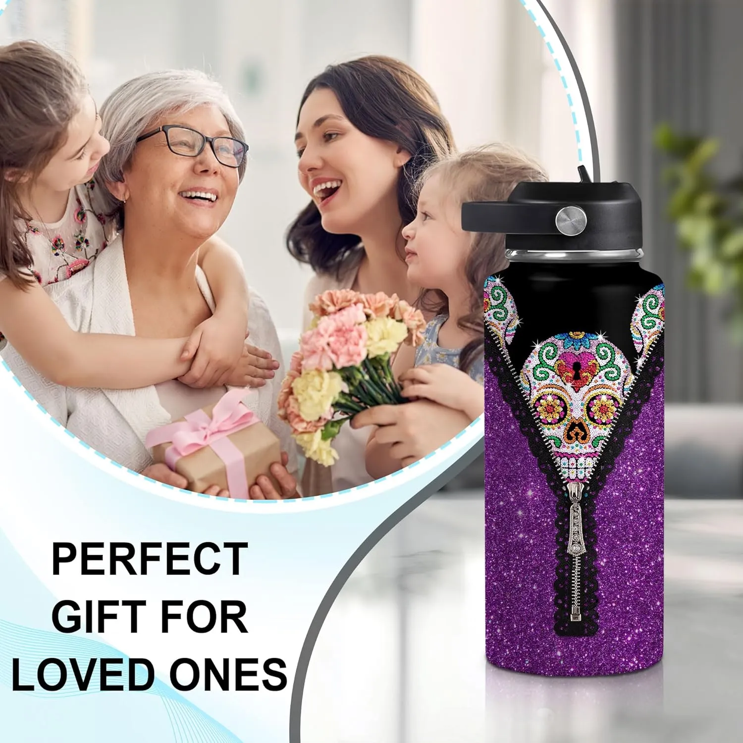 Hyturtle Personalized Gifts for Skull Lover-Birthday Christmas Halloween-Sugar Skull Purple Flower Goth Gothic Custom Name 18oz 32oz Stainless Steel Bottle With Straw Lid for Her Women Mom Girl Friend
