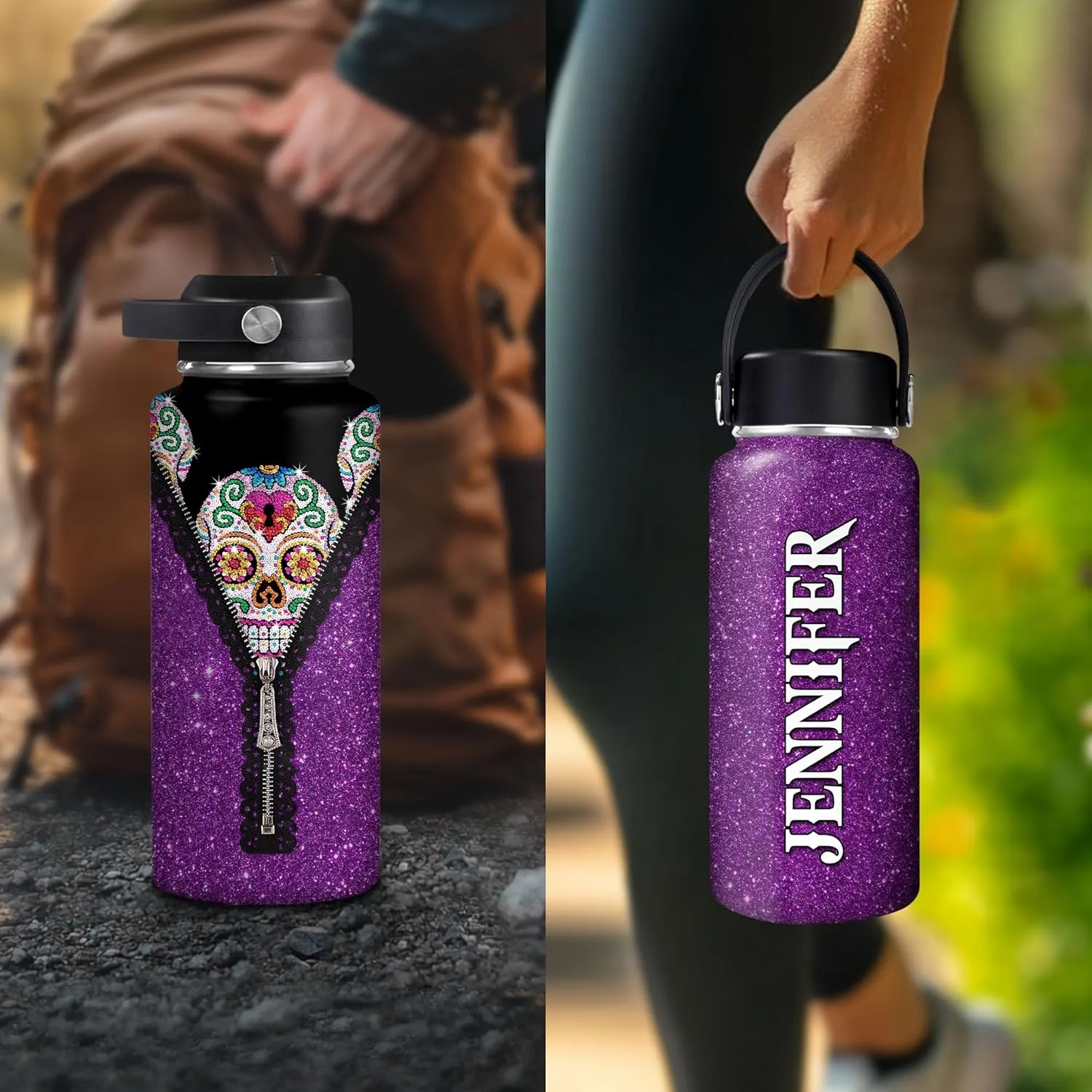 Hyturtle Personalized Gifts for Skull Lover-Birthday Christmas Halloween-Sugar Skull Purple Flower Goth Gothic Custom Name 18oz 32oz Stainless Steel Bottle With Straw Lid for Her Women Mom Girl Friend