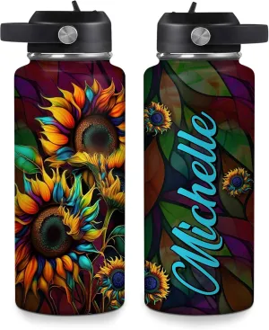 Hyturtle Personalized Sunflower Water Bottle - Travel Insulated Stainless Steel Bottle with Leak-Proof Lid 18oz 32oz - Sunflower Gift for Women, Girls, Sunflower Lovers - Birthday & Christmas Gift