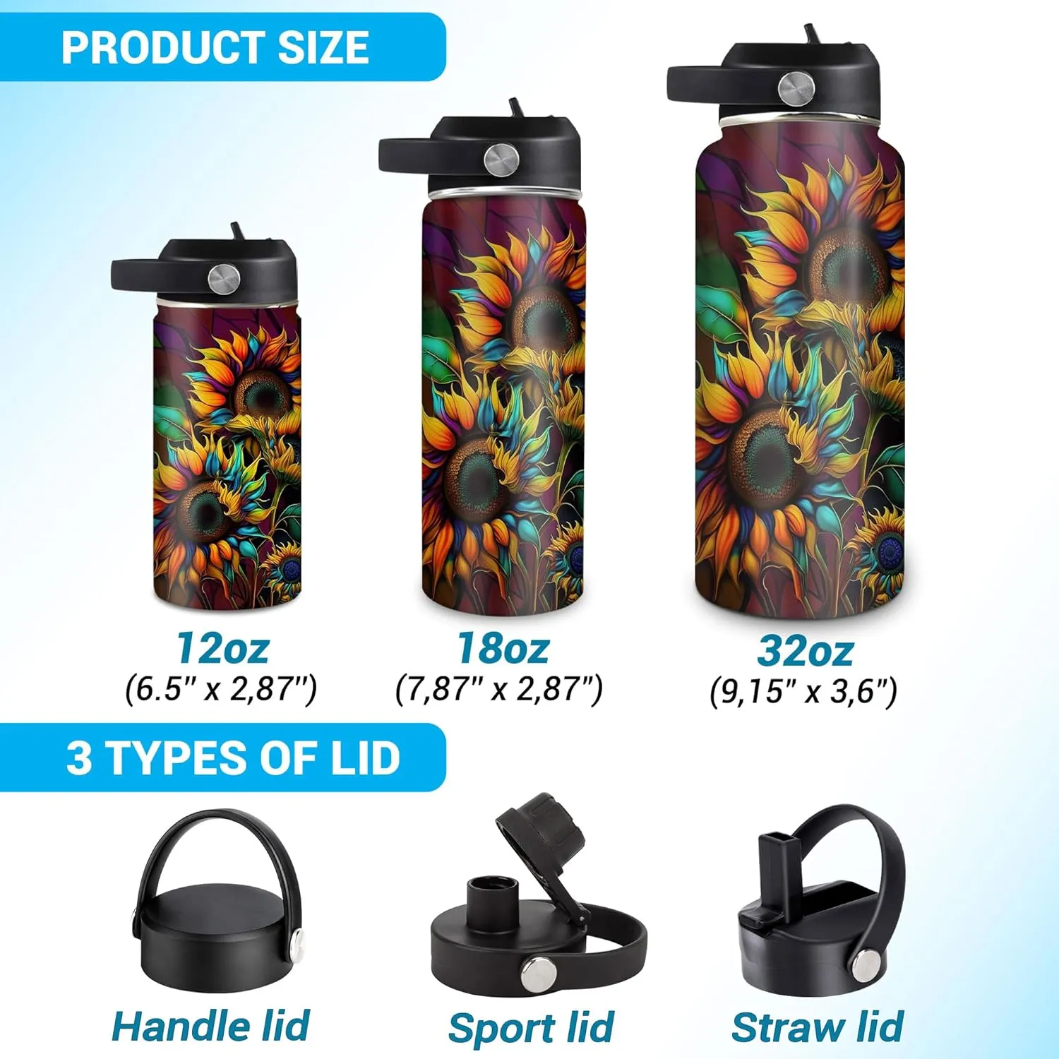 Hyturtle Personalized Sunflower Water Bottle - Travel Insulated Stainless Steel Bottle with Leak-Proof Lid 18oz 32oz - Sunflower Gift for Women, Girls, Sunflower Lovers - Birthday & Christmas Gift