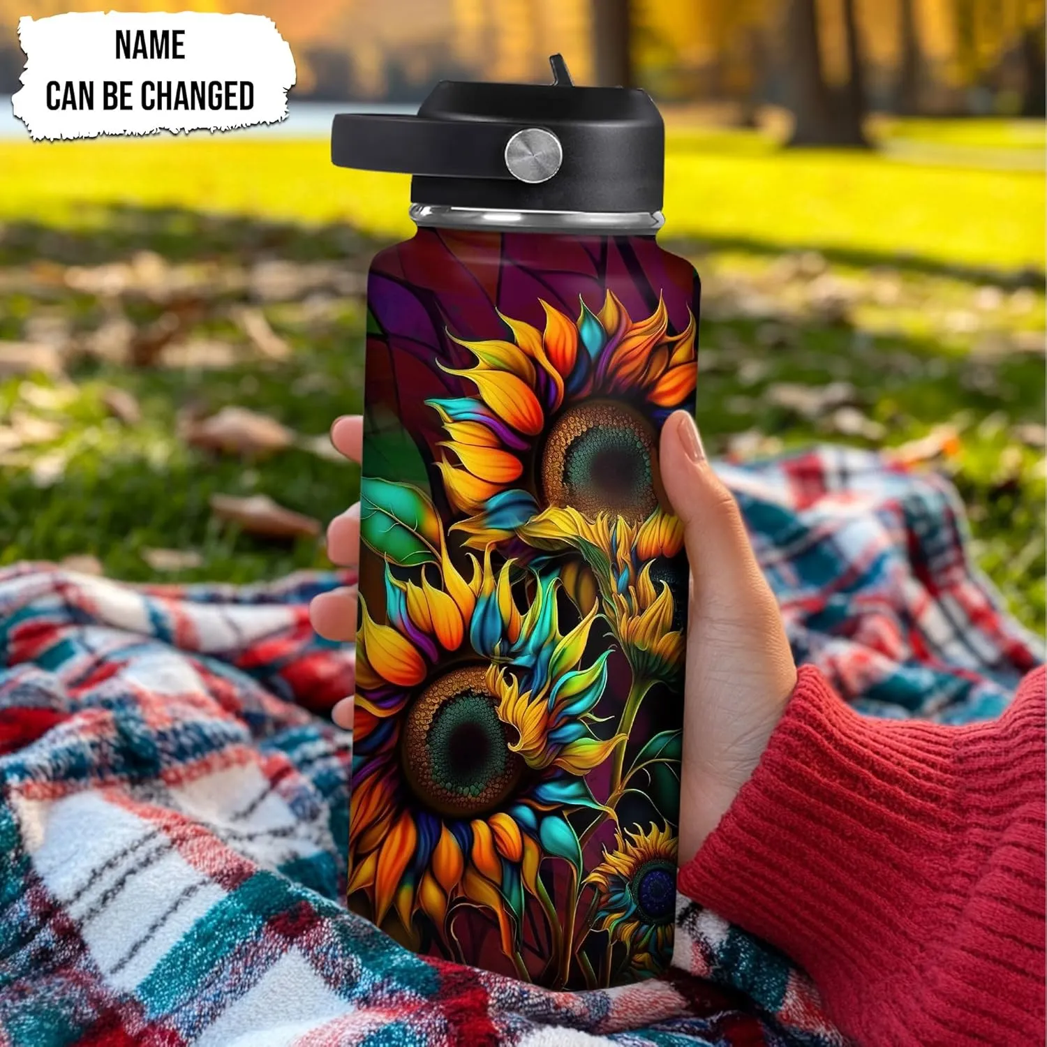 Hyturtle Personalized Sunflower Water Bottle - Travel Insulated Stainless Steel Bottle with Leak-Proof Lid 18oz 32oz - Sunflower Gift for Women, Girls, Sunflower Lovers - Birthday & Christmas Gift