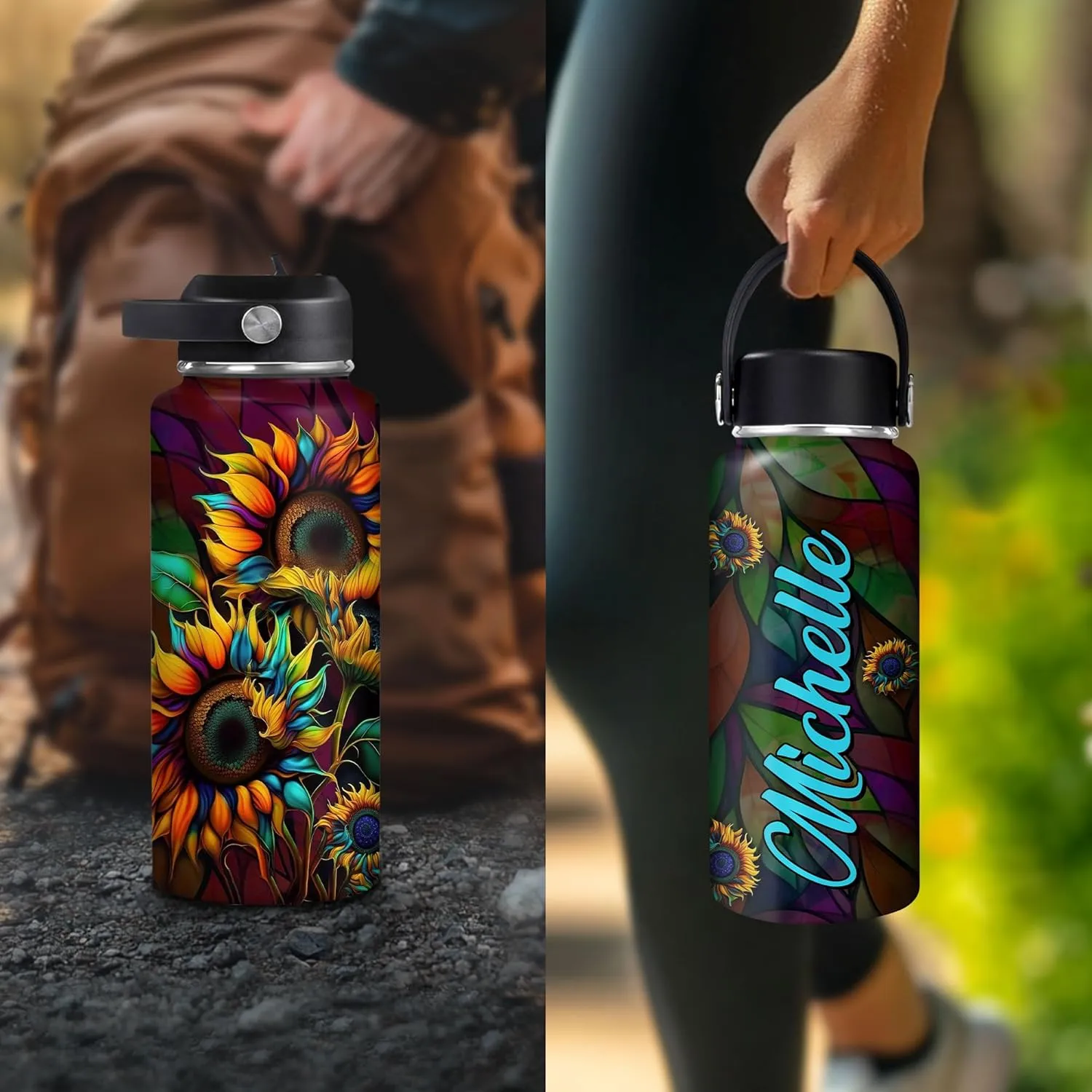 Hyturtle Personalized Sunflower Water Bottle - Travel Insulated Stainless Steel Bottle with Leak-Proof Lid 18oz 32oz - Sunflower Gift for Women, Girls, Sunflower Lovers - Birthday & Christmas Gift