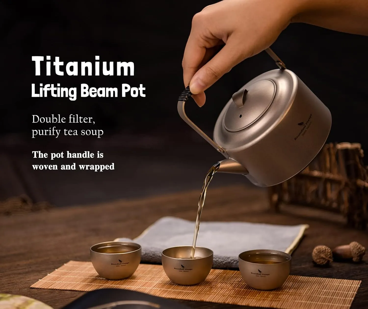 iBasingo 450ml Titanium Teapot with Foldable handle Lightweight Portable Kettle for Outdoor Camping Hiking Backpacking Daily Use Ti3111D