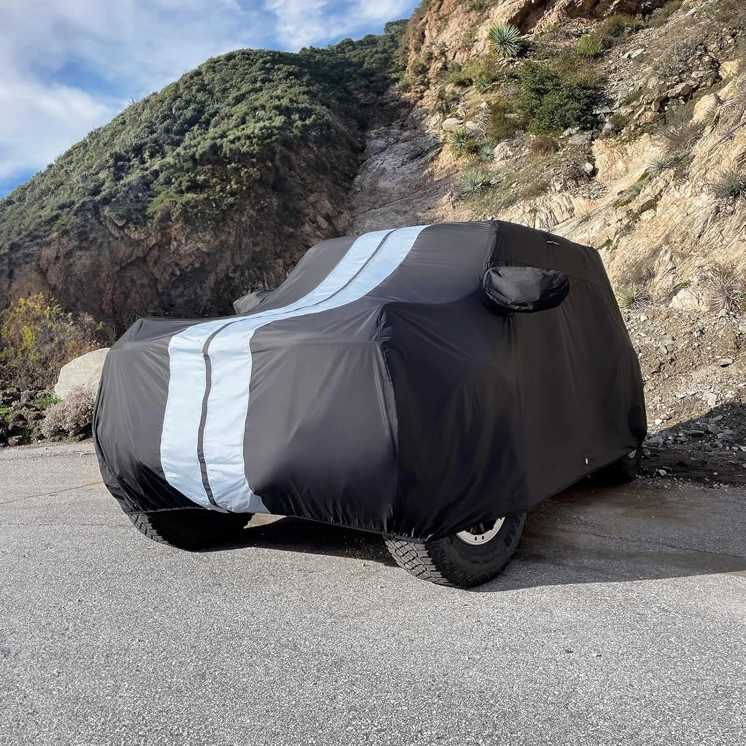 iCarCover Premium Plus SUV Car Cover - Waterproof All Weather Rain Snow UV Protection, Excursion, Navigator L, Escalade ESV, Suburban, Yukon XL, Size S58 (See Size Chart) Stripe - Black/Gray