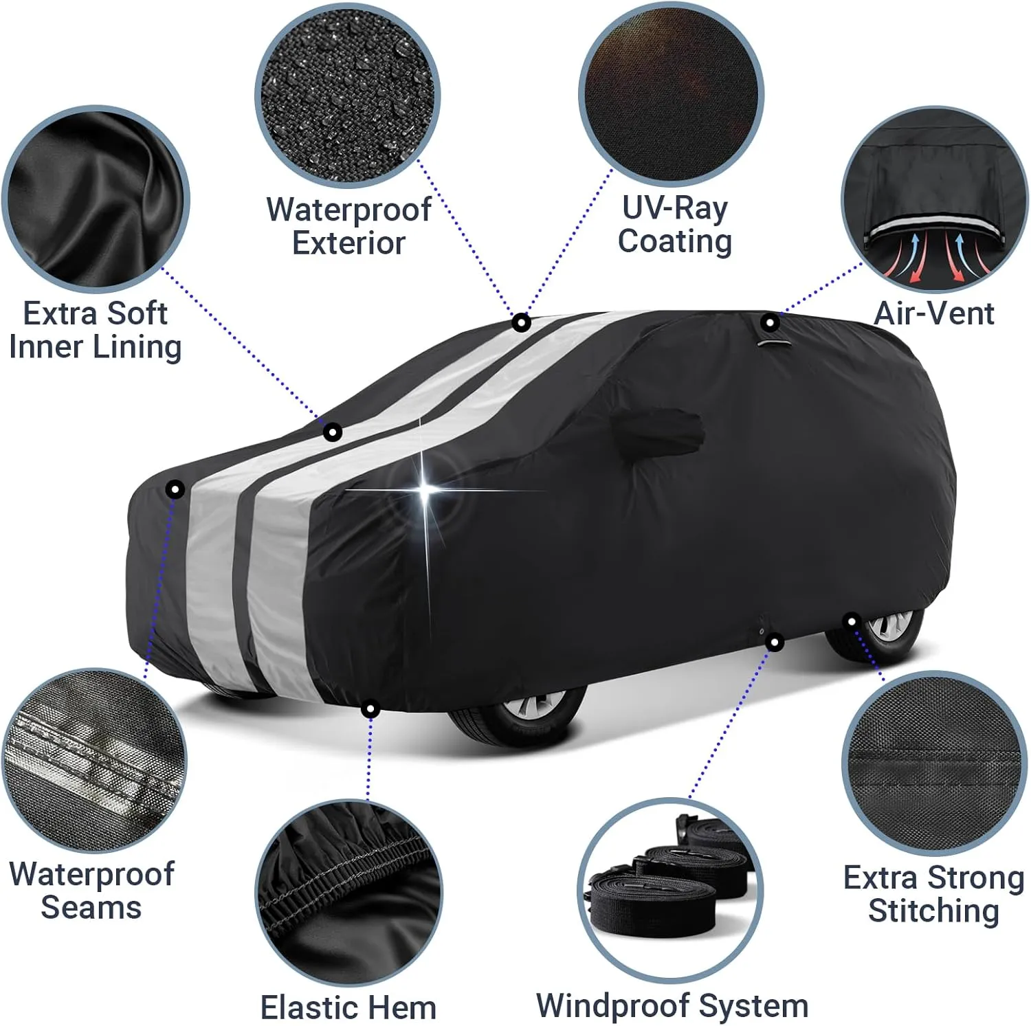 iCarCover Premium Plus SUV Car Cover - Waterproof All Weather Rain Snow UV Protection, Excursion, Navigator L, Escalade ESV, Suburban, Yukon XL, Size S58 (See Size Chart) Stripe - Black/Gray