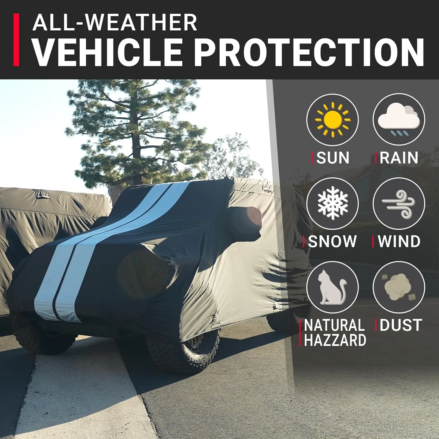 iCarCover Premium Plus SUV Car Cover - Waterproof All Weather Rain Snow UV Protection, Excursion, Navigator L, Escalade ESV, Suburban, Yukon XL, Size S58 (See Size Chart) Stripe - Black/Gray