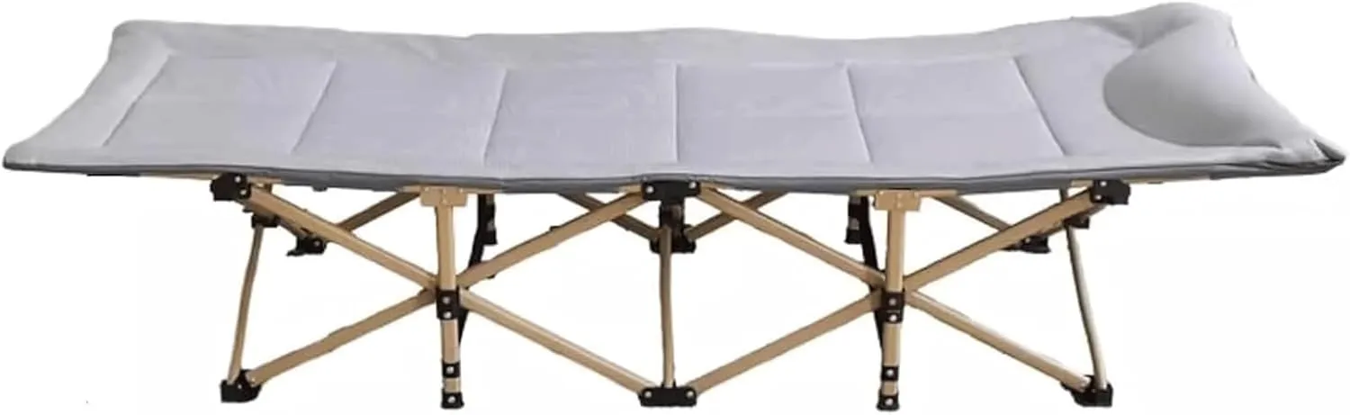 Ice Silk Fabric Camping Cot with Side Pockets, Comfortable and Breathable Folding Cot, Sturdy Steel Frame Portable Folding Bed