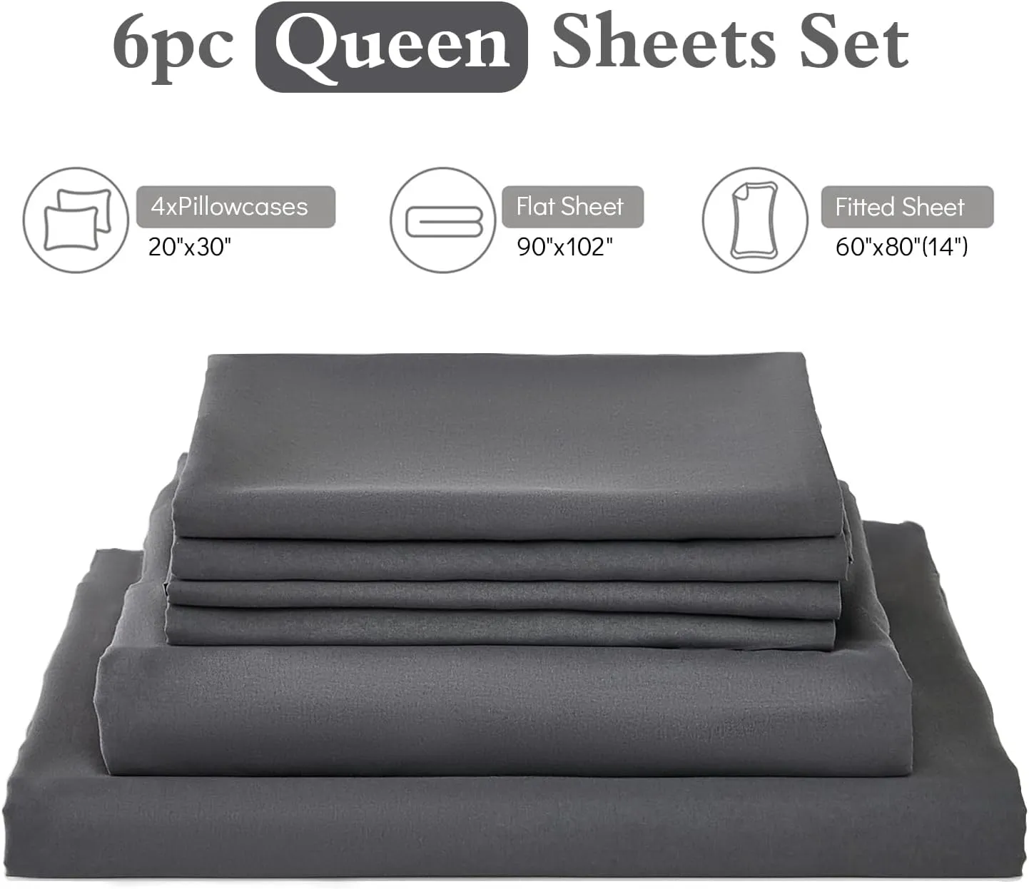 ILAVANDE Grey Queen Sheets Set 6 Piece,Hotel Luxury Super Soft 1800 Series Microfiber Queen Bed Sheets Set-Wrinkle Free & Breathable-14 Deep Pocket Sheets for Queen Size Bed(Queen,Grey)