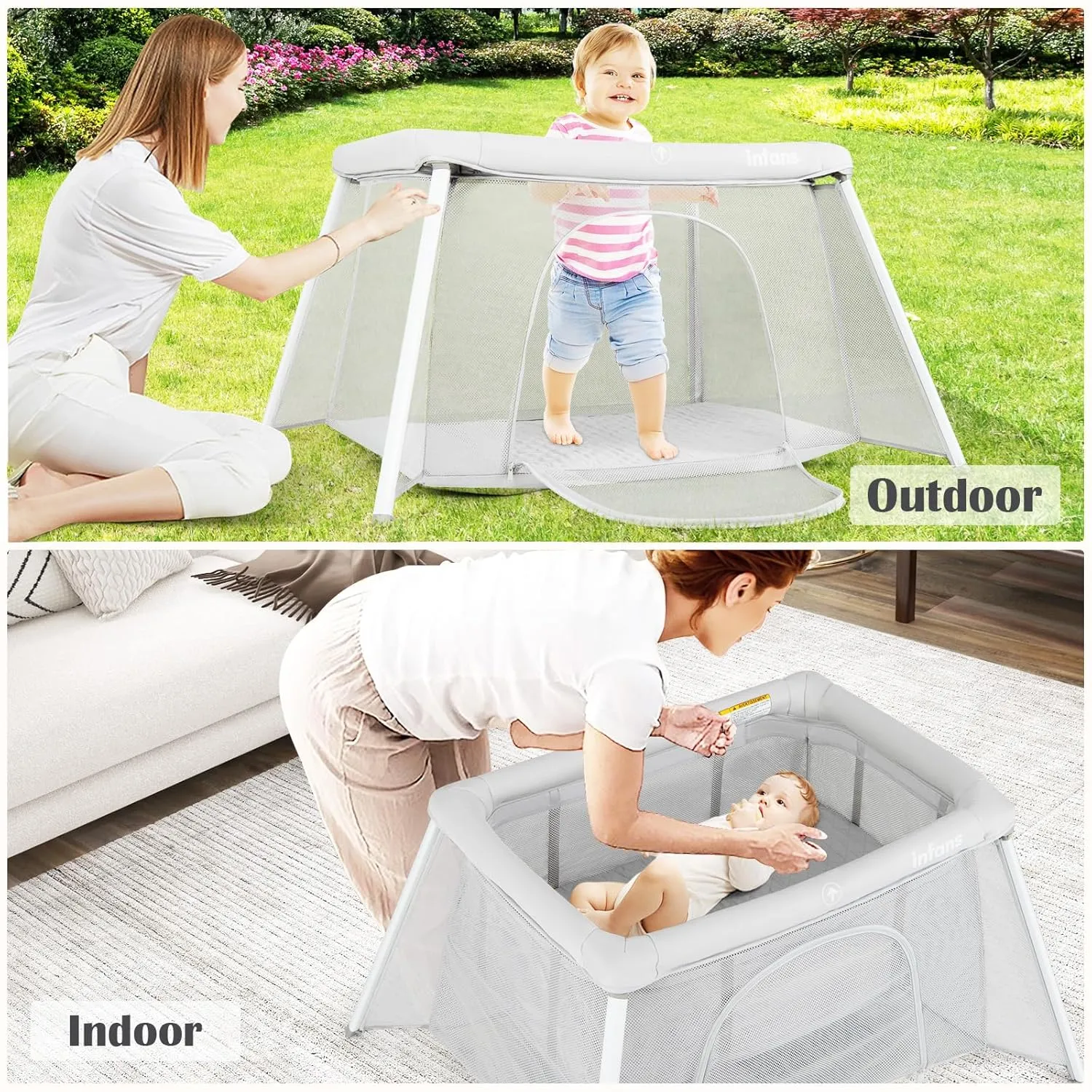 INFANS Travel Crib, Portable Baby Playpen with Removable Bassinet Soft Mattress Carry Bag, Foldable Lightweight Playard Nursery Center for Newborns Toddlers (Light Gray)