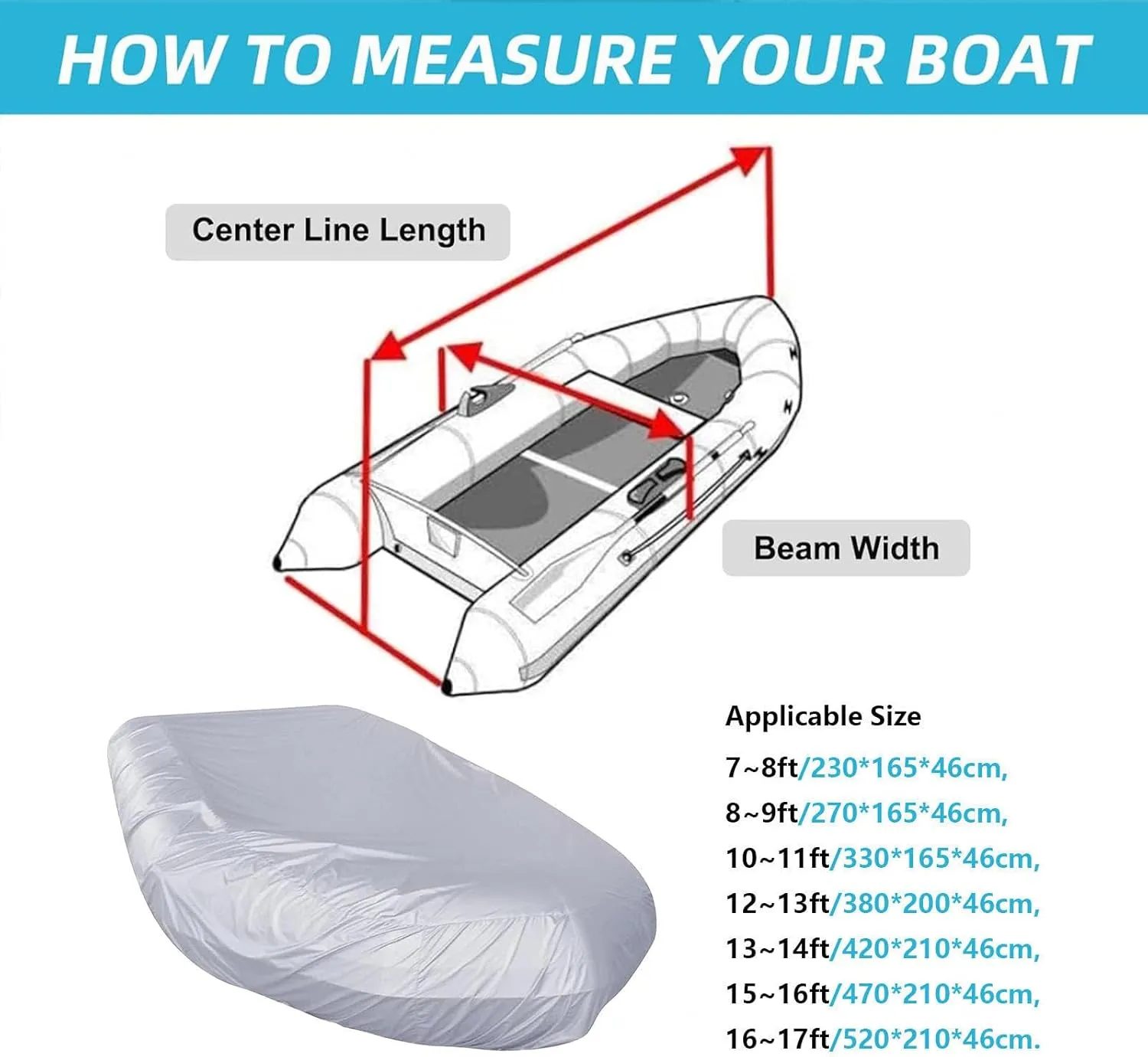 Inflatable Boat Cover 7 Sizes Boat Tarp Waterproof Anti-UV Fishing Boat Cover for Inflatable Boat and Dinghy,230 * 165 * 46cm