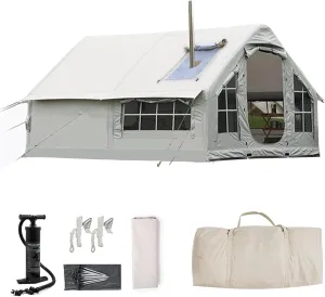 Inflatable Tent with Air Pump and Stove Jack/Chimney Opening, Portable Outdoor 4 Season Cabin Tent, Large Blow Up Tents, One Piece Inflatable Tents for Camping Easy Setup