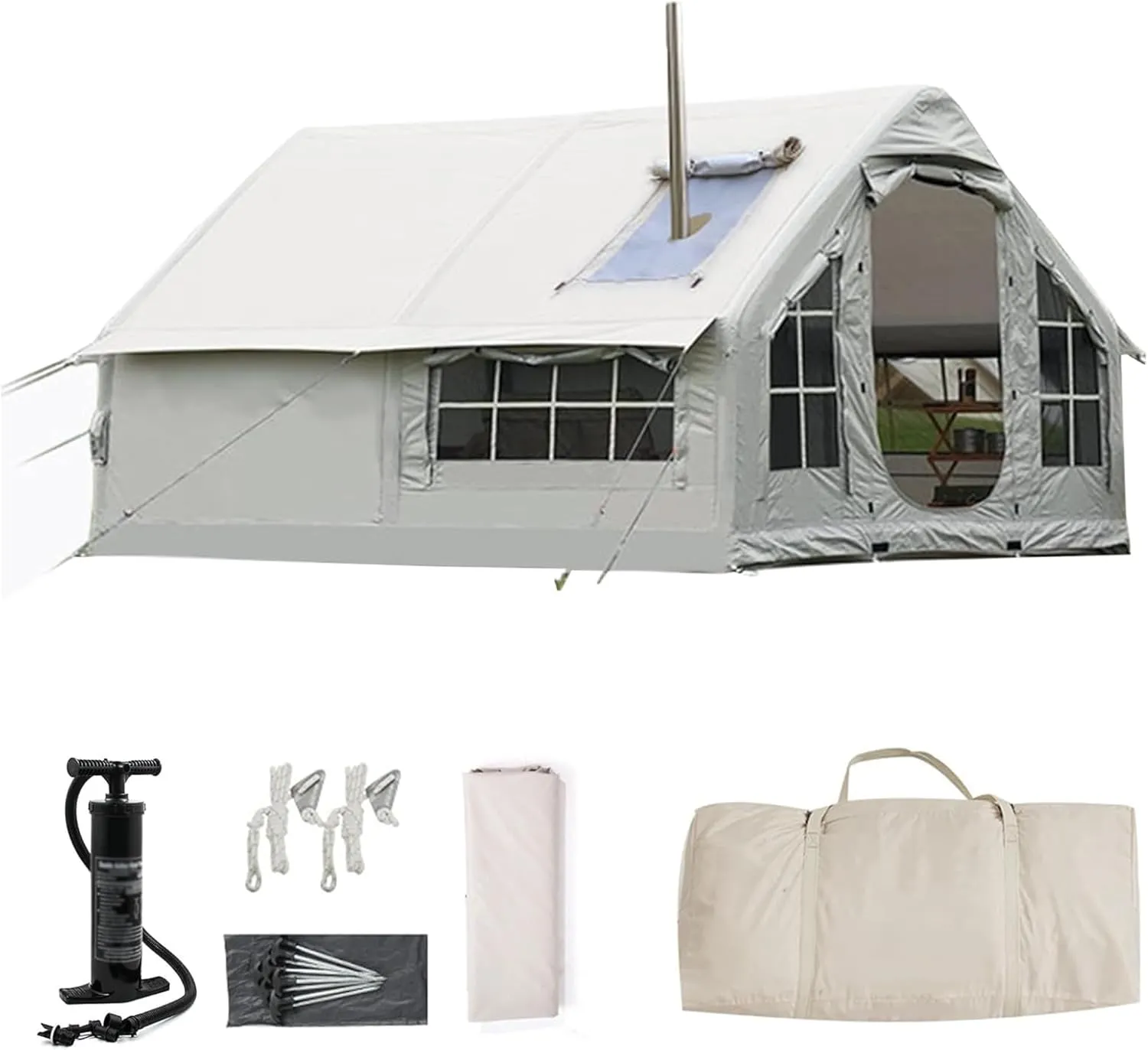 Inflatable Tent with Air Pump and Stove Jack/Chimney Opening, Portable Outdoor 4 Season Cabin Tent, Large Blow Up Tents, One Piece Inflatable Tents for Camping Easy Setup