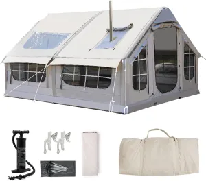 Inflatable Tents for Camping with Pump 4-8 Person Camping Tent with Stove Jack,4 Season Waterproof Windproof Large Air Tent,Outdoor Family Glamping Tent with Mesh Windows Doors