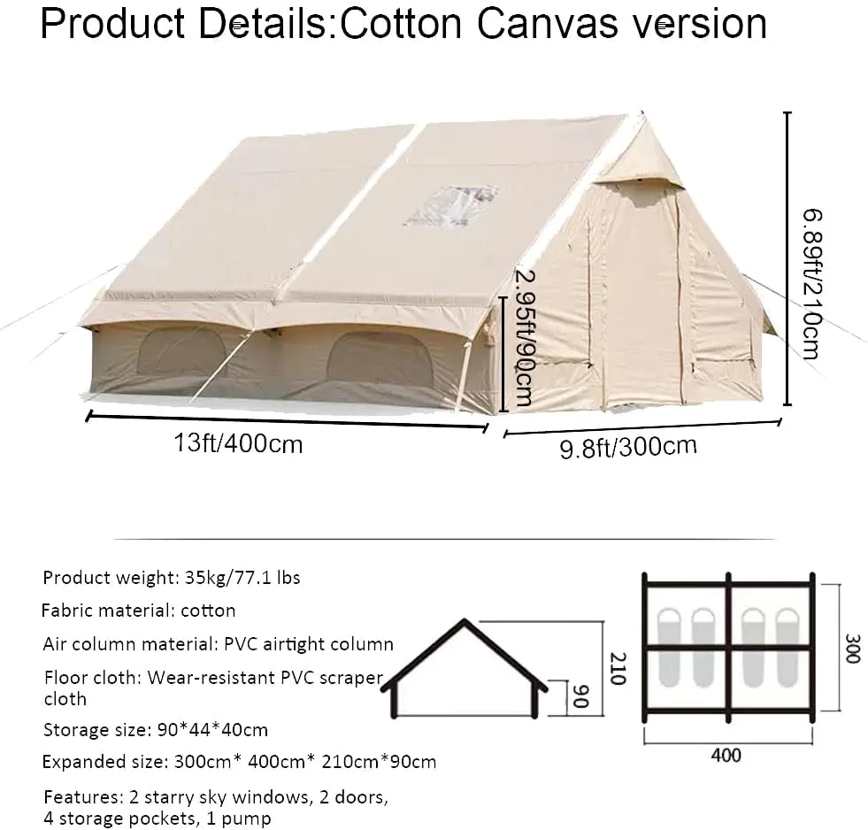 Inflatable Tents with Pump,2-4 Person Blow Up Tent with Stove Jack Hole,4 Season Large Pop-Up Tents,Easy Setup