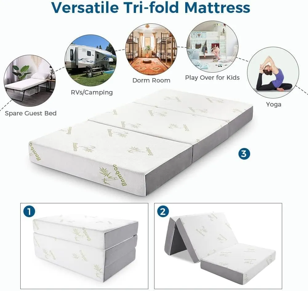 Inofia Folding Mattress, 6 Inch Trifold Memory Foam Mattress with Ultra Soft Removable Cover, Non-Slip Bottom & Breathable Mesh Sides, Foldable & Portable - Cot Size (75" x 31" x 6")