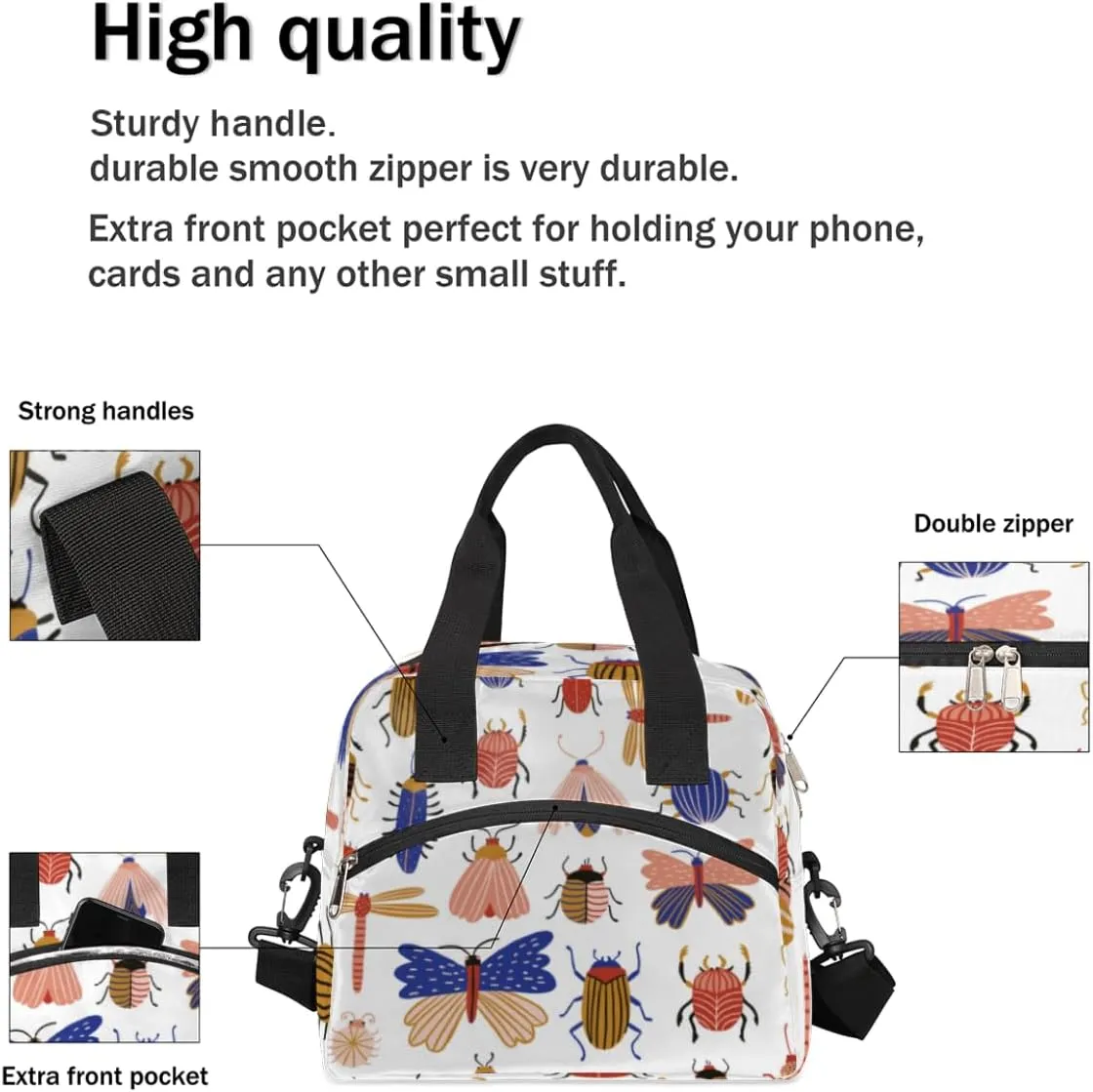 Insect Specimens Insulated Lunch Bag for Women Men, Reusable Lunch Box Container with Adjustable Shoulder Strap Large Leakproof Thermal Lunch Cooler Bag for Adult Work Picnic Office