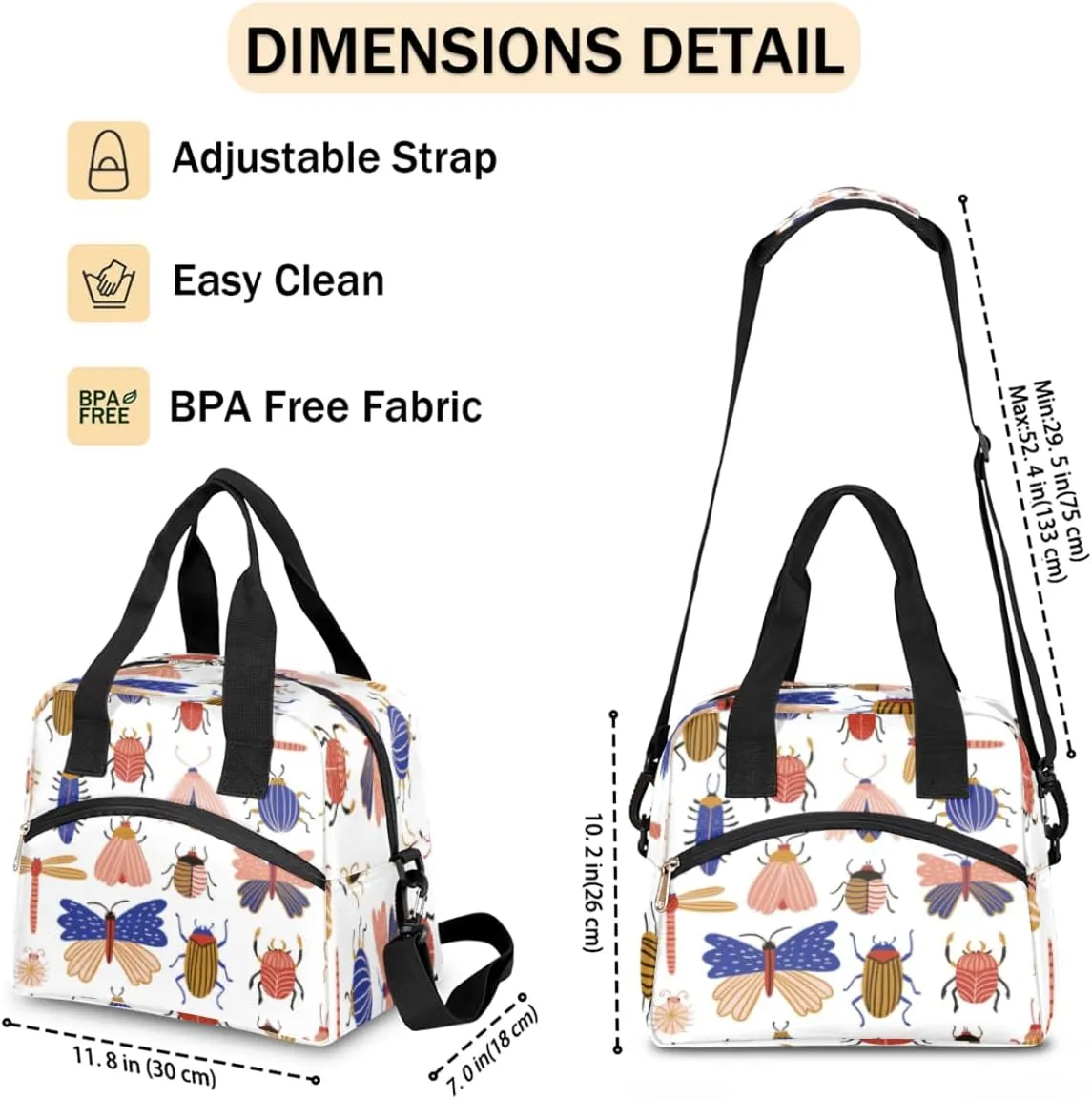 Insect Specimens Insulated Lunch Bag for Women Men, Reusable Lunch Box Container with Adjustable Shoulder Strap Large Leakproof Thermal Lunch Cooler Bag for Adult Work Picnic Office