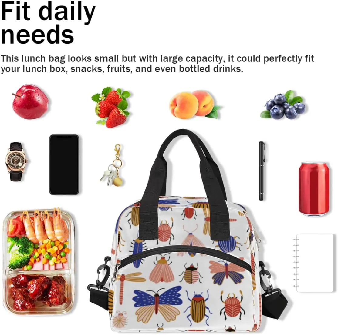 Insect Specimens Insulated Lunch Bag for Women Men, Reusable Lunch Box Container with Adjustable Shoulder Strap Large Leakproof Thermal Lunch Cooler Bag for Adult Work Picnic Office