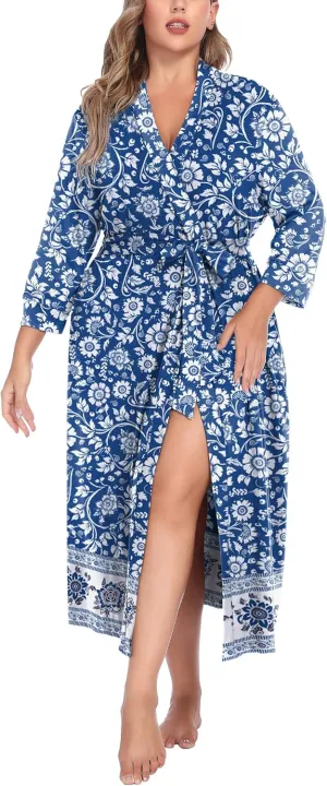 IN'VOLAND Womens Plus Size Kimono Robes Long Knit Bathrobe V Neck Ladies Loungewear Lightweight Soft Sleepwear 1X-5X