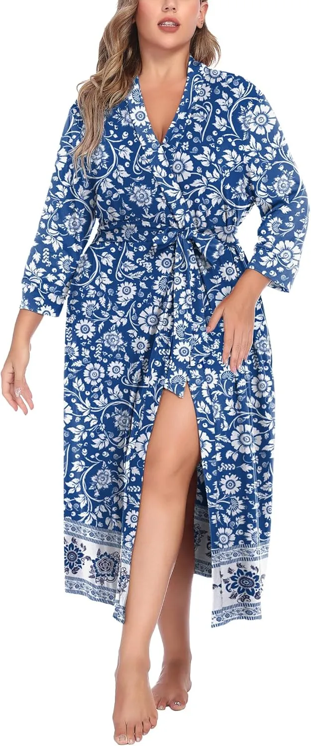 IN'VOLAND Womens Plus Size Kimono Robes Long Knit Bathrobe V Neck Ladies Loungewear Lightweight Soft Sleepwear 1X-5X