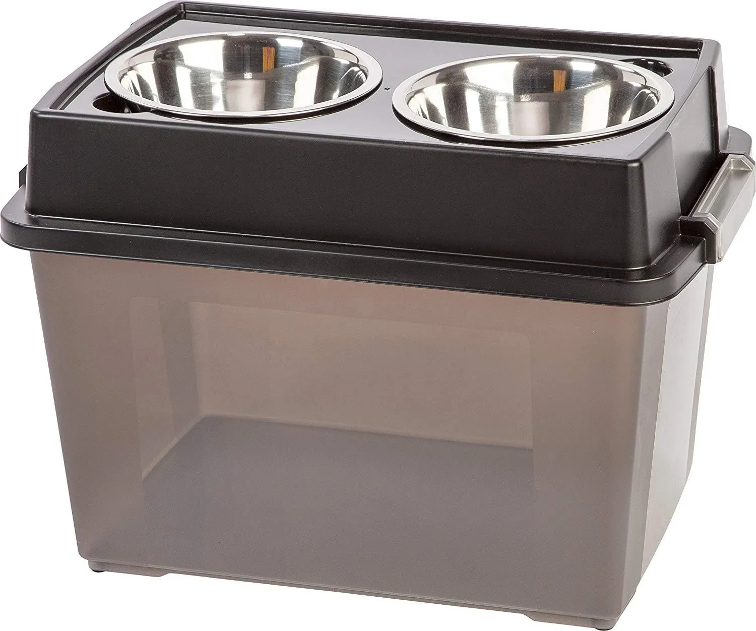 IRIS USA Elevated Dog Bowls, 15"H Raised Bowl for Large Dogs, Airtight Pet Food Storage Holds Up To 47 Lbs, 2 Removable 64 oz Stainless Steel Bowls, At Home or Camping, Smoke/Black