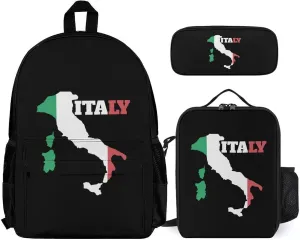 Italy Map Flag Backpack with Lunch Box Pencil Case 3pcs for Work and Leisure Day Trips