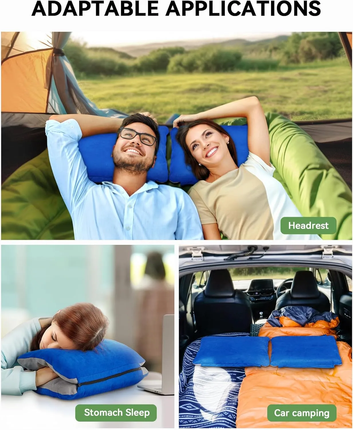 JefDiee Inflatable Camping Lumbar Pillow with Memory Foam and Washable Cover Travel Pillow for Airplanes, Camping (Azure, Standard)