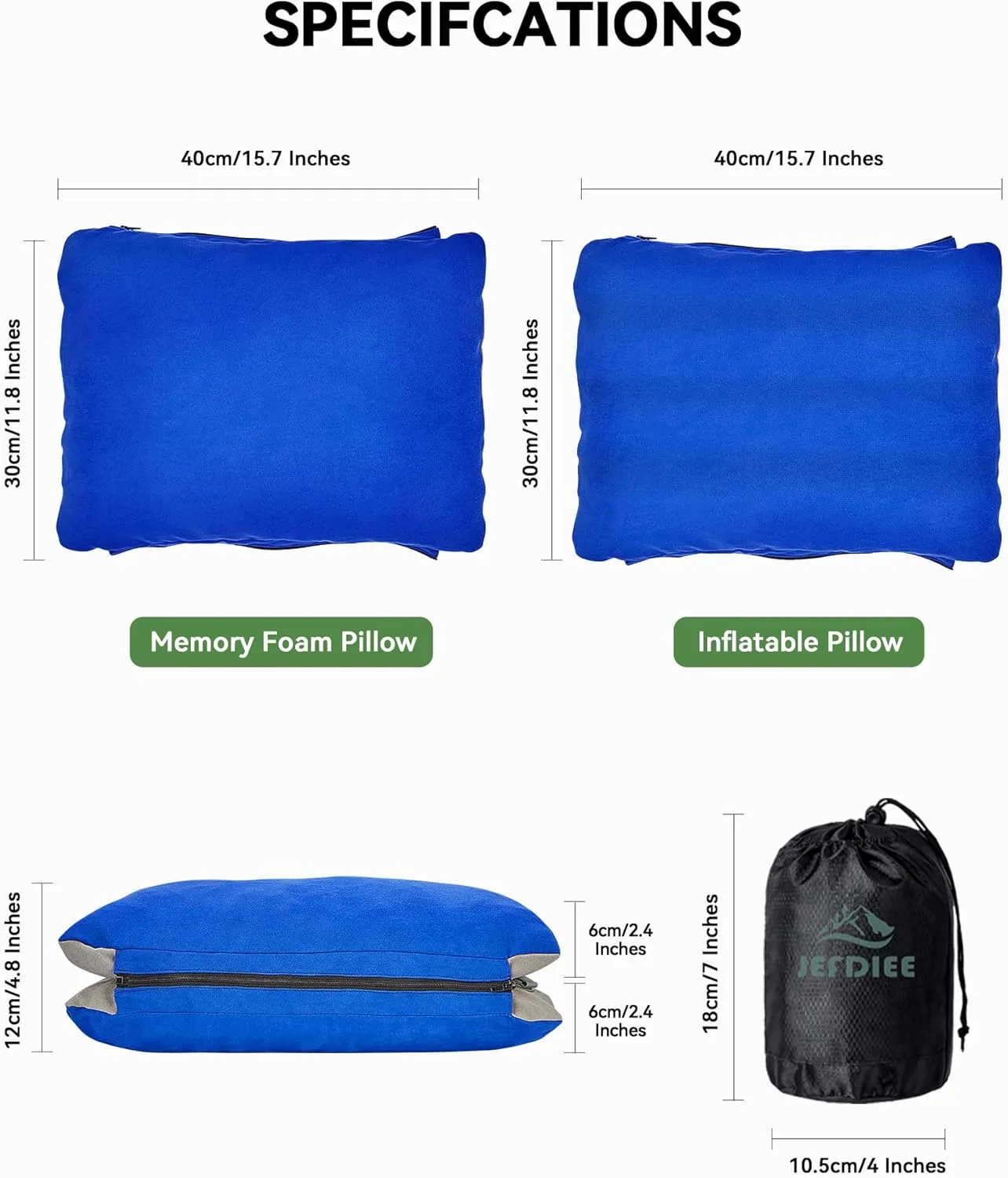 JefDiee Inflatable Camping Lumbar Pillow with Memory Foam and Washable Cover Travel Pillow for Airplanes, Camping (Azure, Standard)