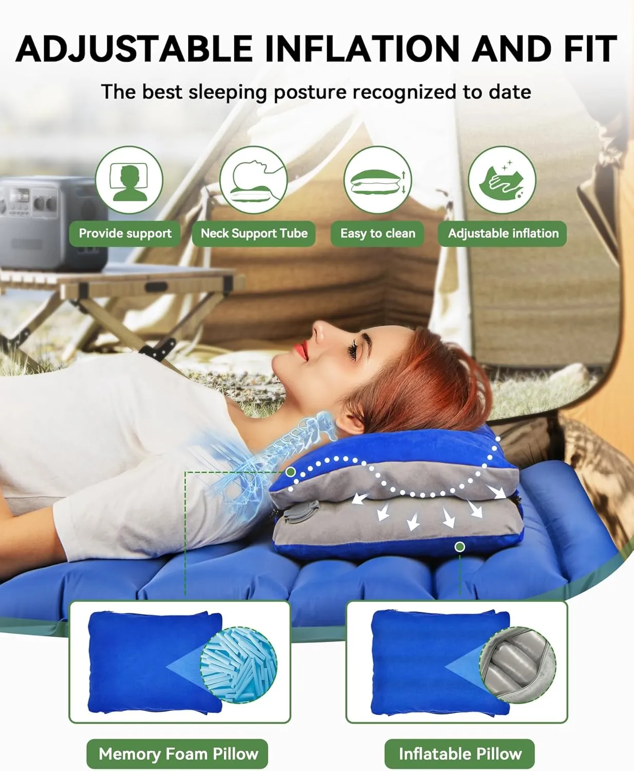 JefDiee Inflatable Camping Lumbar Pillow with Memory Foam and Washable Cover Travel Pillow for Airplanes, Camping (Azure, Standard)
