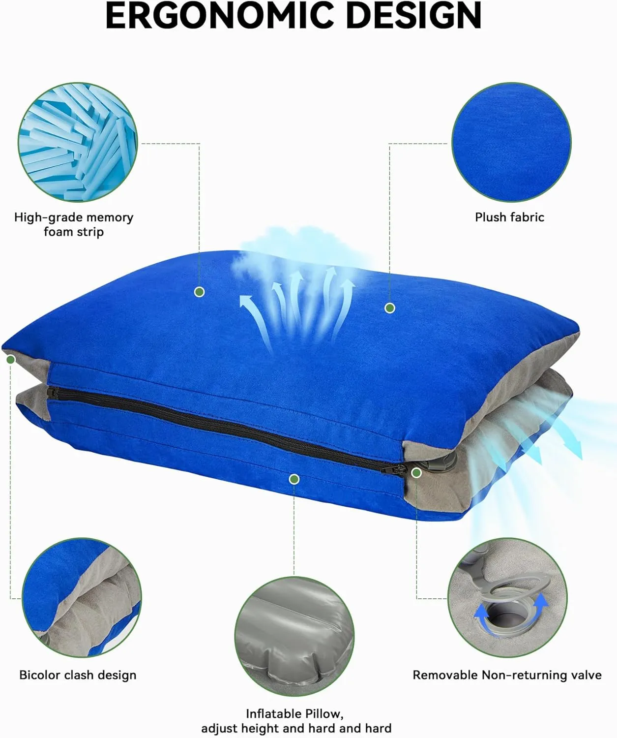 JefDiee Inflatable Camping Lumbar Pillow with Memory Foam and Washable Cover Travel Pillow for Airplanes, Camping (Azure, Standard)