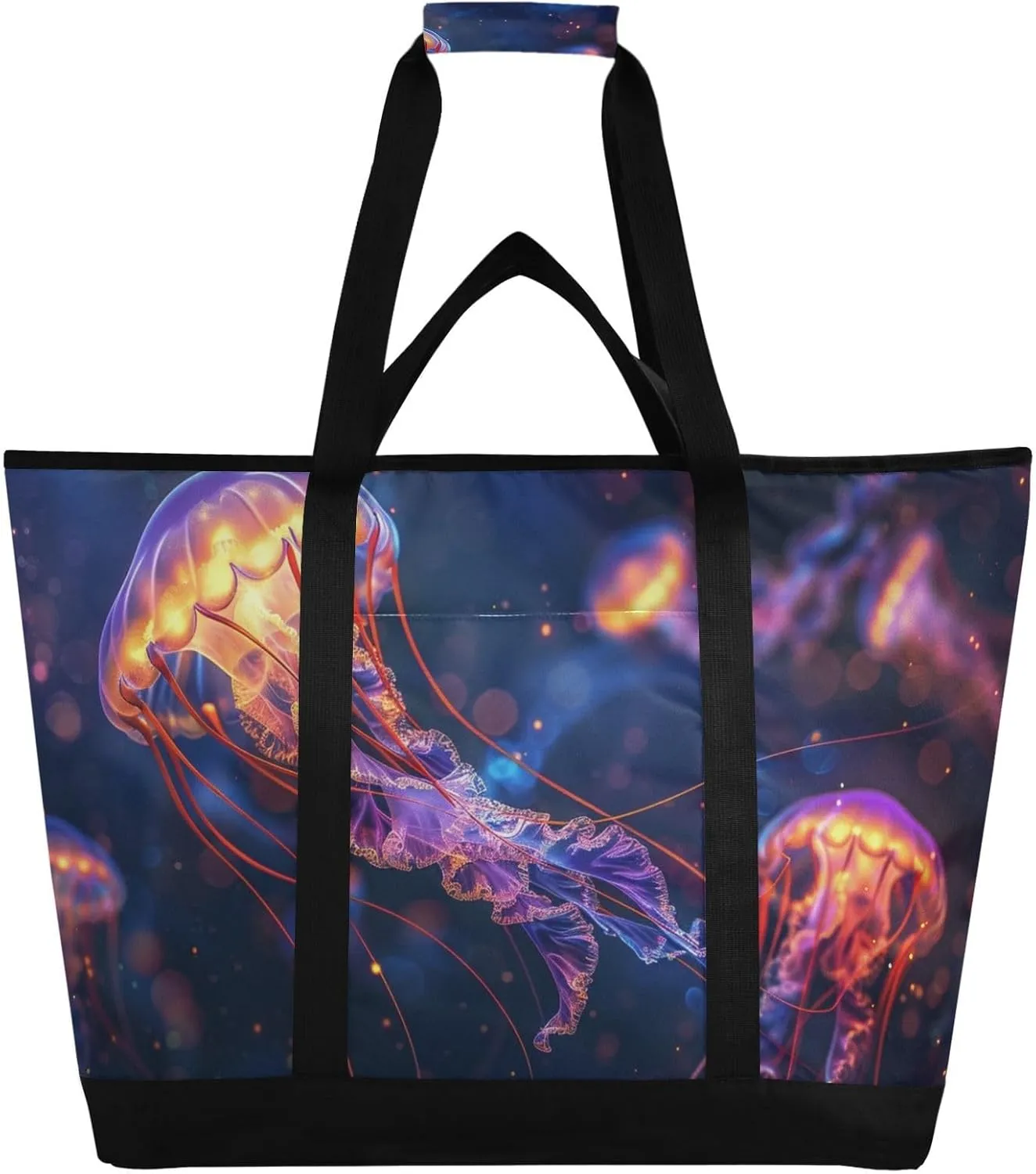 Jellyfish Purple Float Large Insulated Tote Bag for Grocery Shopping Reusable Tote Bags for Women Men, Cooler Bag with Zippered Top & Handles for Beach Picnic Travel
