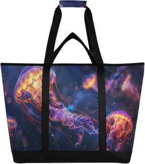 Jellyfish Purple Float Large Insulated Tote Bag for Grocery Shopping Reusable Tote Bags for Women Men, Cooler Bag with Zippered Top & Handles for Beach Picnic Travel