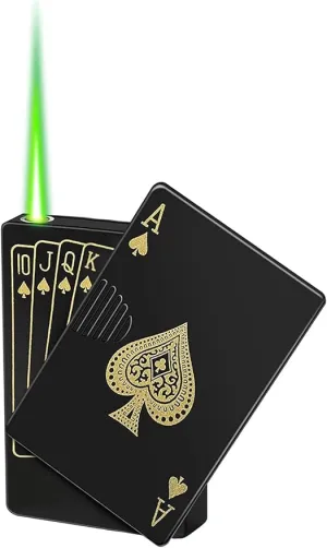 Jet Torch Lighter, Ace Card Green Flame Lighter, Metal Poker Design Windproof Refillable Butane Cool Lighter, Outdoor, Indoor, Camping, BBQ, Candle, Birthday, Gift for Men/Women (Without Gas)