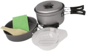 jojomis Camping Cookware Mess Kit, Aluminum Outdoor Cooking Gear Set with Frying Pan, Soup Pot, Bowls, Spoon, Spade & Dishwashing Sponge, Foldable Handle for Picnic, Hiking & Camping