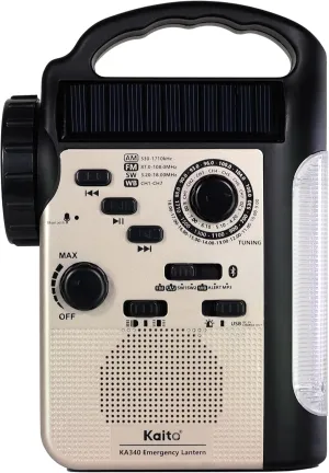 Kaito KA340 Solar Dynamo Hand Crank Rechargeable LED Camping Lantern for Emergency AM/FM/SW NOAA Weather Alert Solar Radio with Bluetooth, Flashlight, Phone Charger, MP3 Player & Siren (Gold)