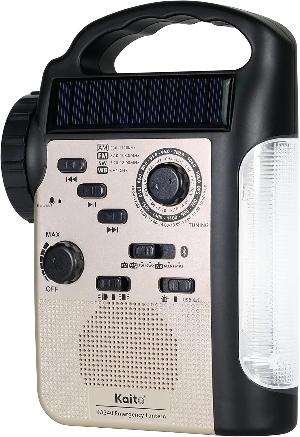 Kaito KA340 Solar Dynamo Hand Crank Rechargeable LED Camping Lantern for Emergency AM/FM/SW NOAA Weather Alert Solar Radio with Bluetooth, Flashlight, Phone Charger, MP3 Player & Siren (Gold)