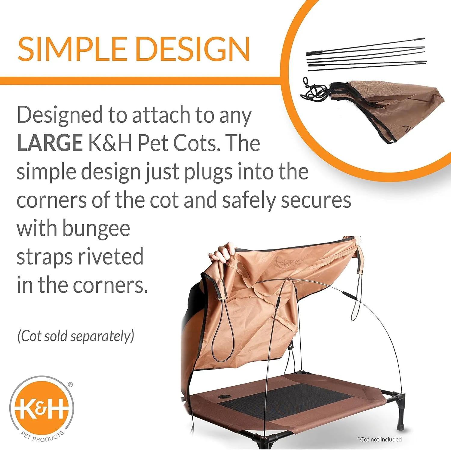 K&H Pet Products Outdoor Elevated Dog Cot Canopy, Cooling Sun Tent Shades Pets, Washable, Water-Resistant, Designed to Fit K&H Large Elevated Dog Cots (Sold Separately) - Large 42 X 30in Tan