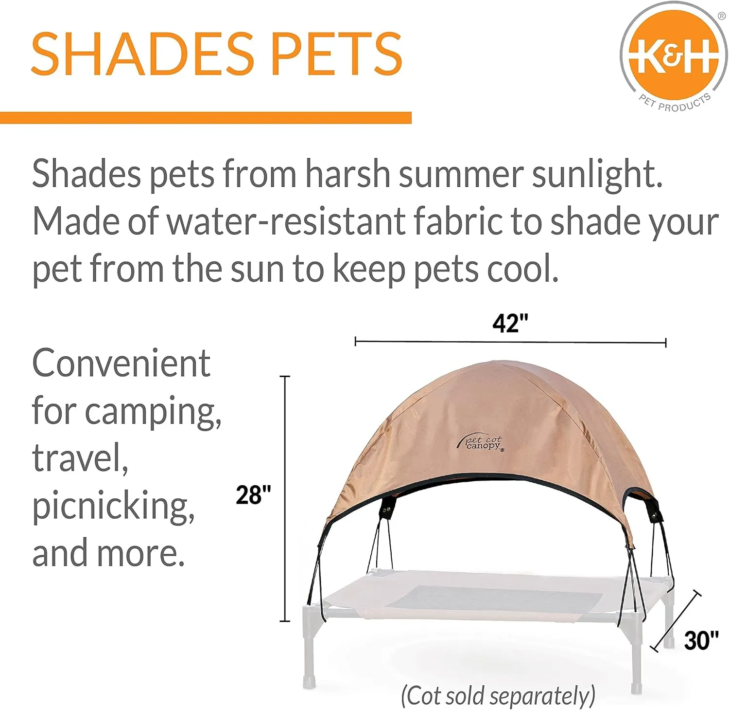 K&H Pet Products Outdoor Elevated Dog Cot Canopy, Cooling Sun Tent Shades Pets, Washable, Water-Resistant, Designed to Fit K&H Large Elevated Dog Cots (Sold Separately) - Large 42 X 30in Tan