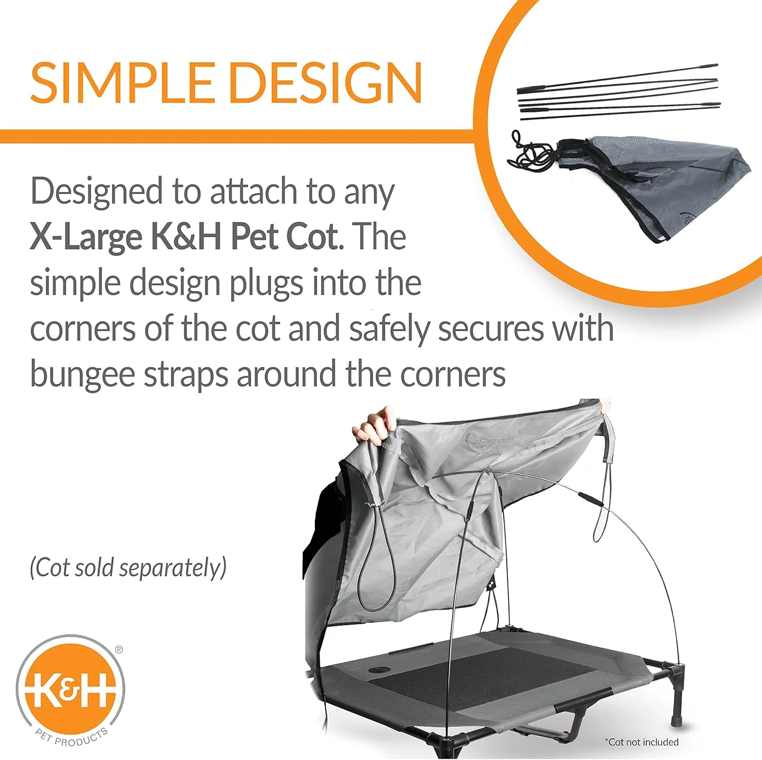 K&H Pet Products Pet Cot Canopy (Cot Sold Separately) Gray X-Large 50 X 32 Inches