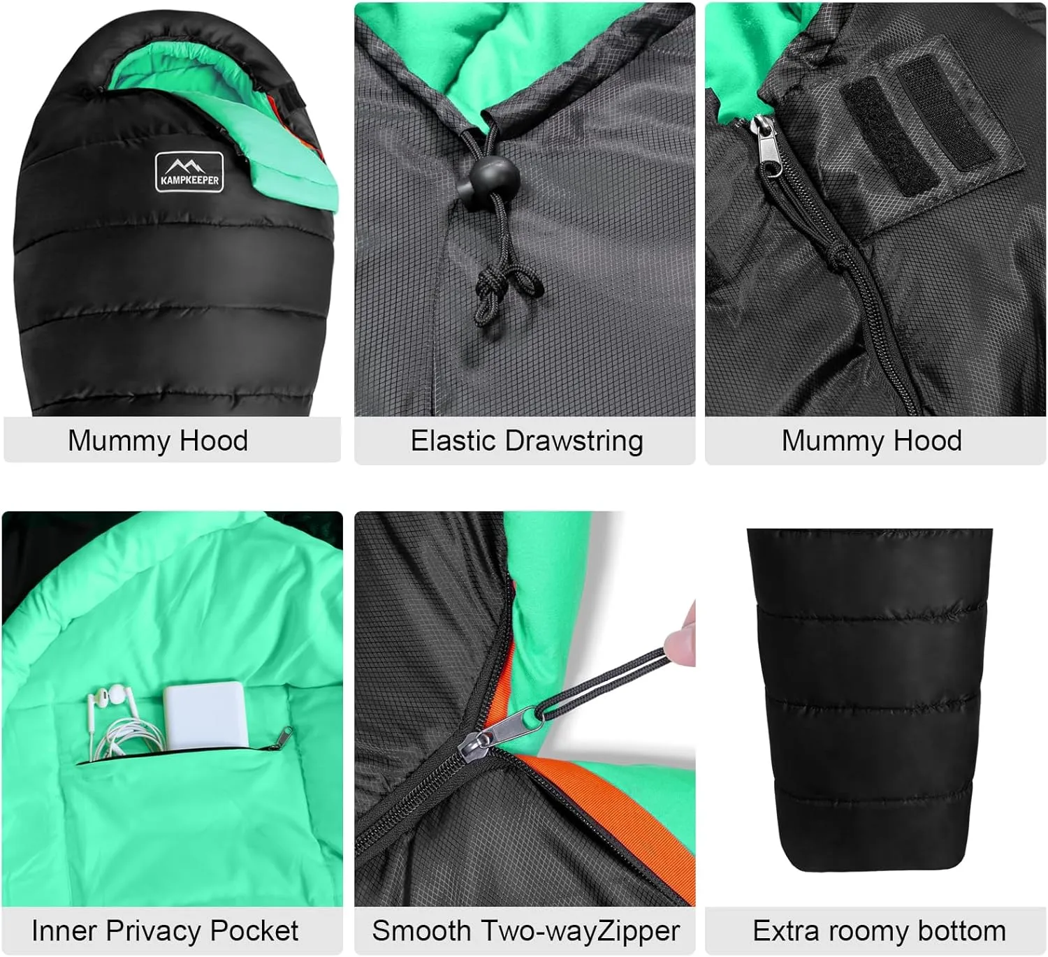 KAMPKEEPER Mummy Sleeping Bag for Adults,3-4 Seasons Cold Weather,Waterproof,Lightweight,Non-Snag Zipper with Adjustable Hood Perfect for Backpacking, Hiking,Camping
