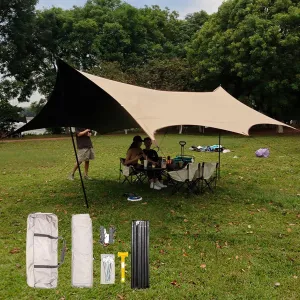 KAnduo 18x14ft Multifunctional Outdoor Camping Traveling Awning with Poles Backpacking Tarp Sunshade Lightweight UV Protection(Olive Green,177x173x102inch)