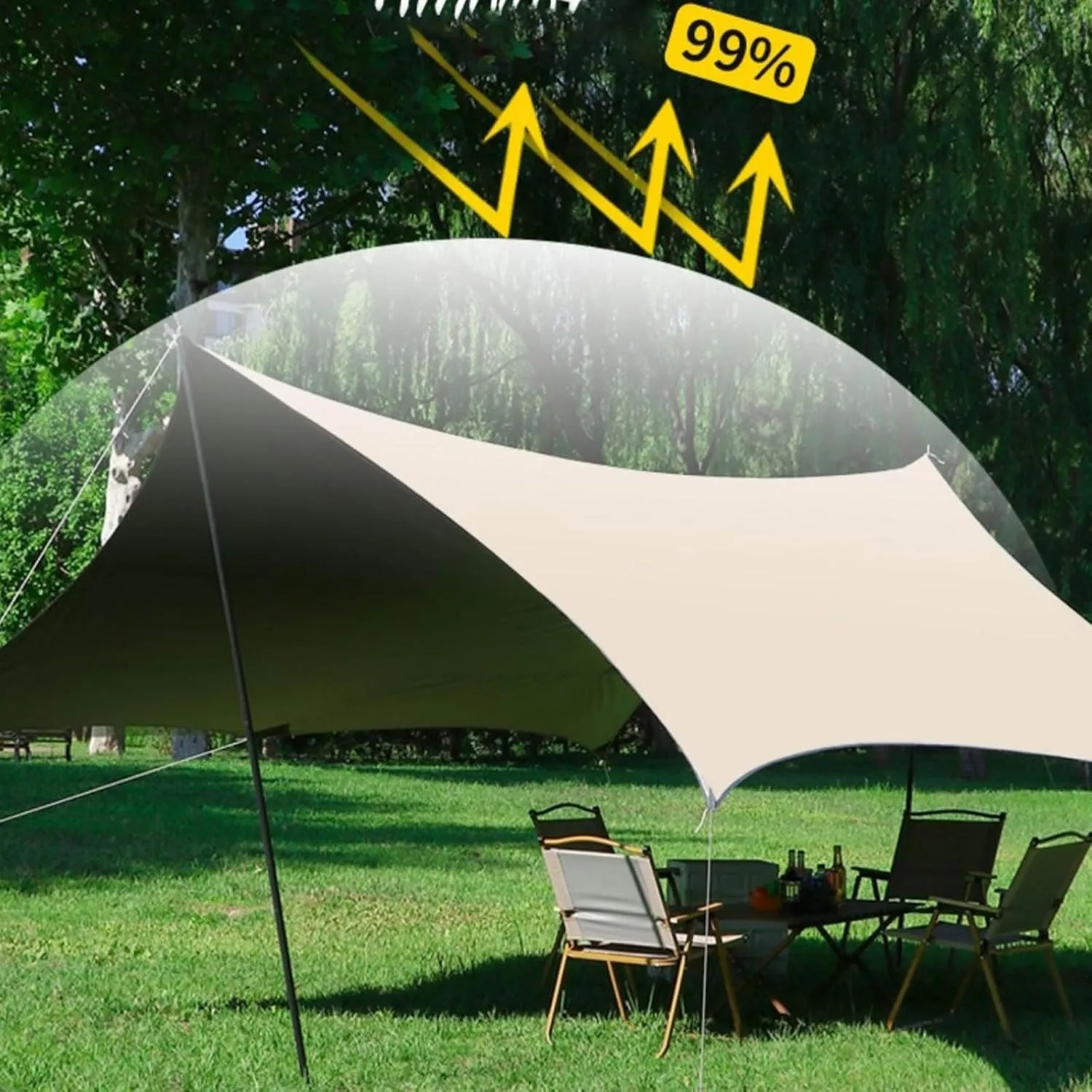 KAnduo Camping Tarp Rain Fly, 18×14ft Waterproof Camping Awning with 3 Poles for Tent, Portable Camping Shade Sun Shelter for Picnic, Hiking, Backpacking(Rice-White,220x173x102inch)