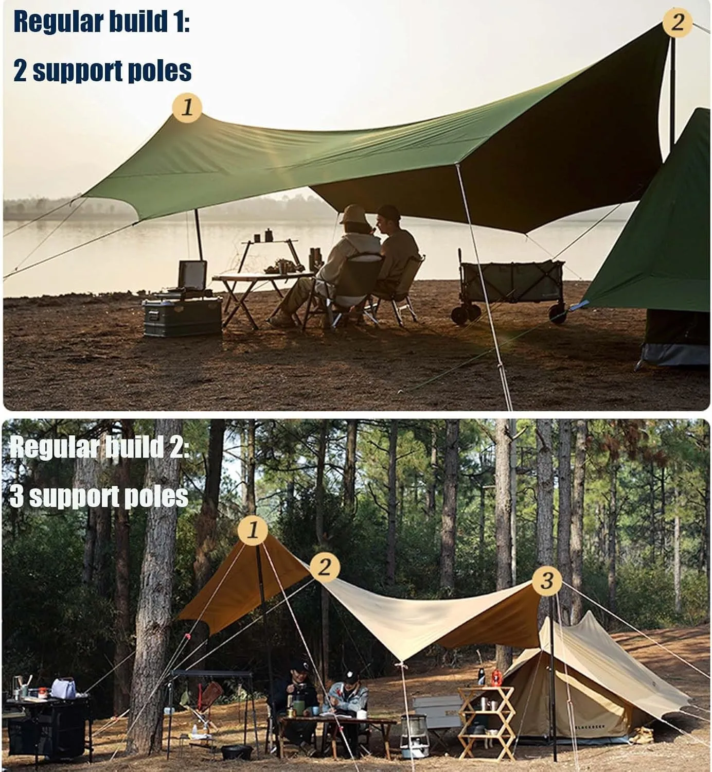 KAnduo Camping Tarp Rain Fly, 18×14ft Waterproof Camping Awning with 3 Poles for Tent, Portable Camping Shade Sun Shelter for Picnic, Hiking, Backpacking(Rice-White,220x173x102inch)