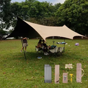 KAnduo Camping Tarp Rain Fly, 18×14ft Waterproof Camping Awning with 3 Poles for Tent, Portable Camping Shade Sun Shelter for Picnic, Hiking, Backpacking(Rice-White,220x173x102inch)