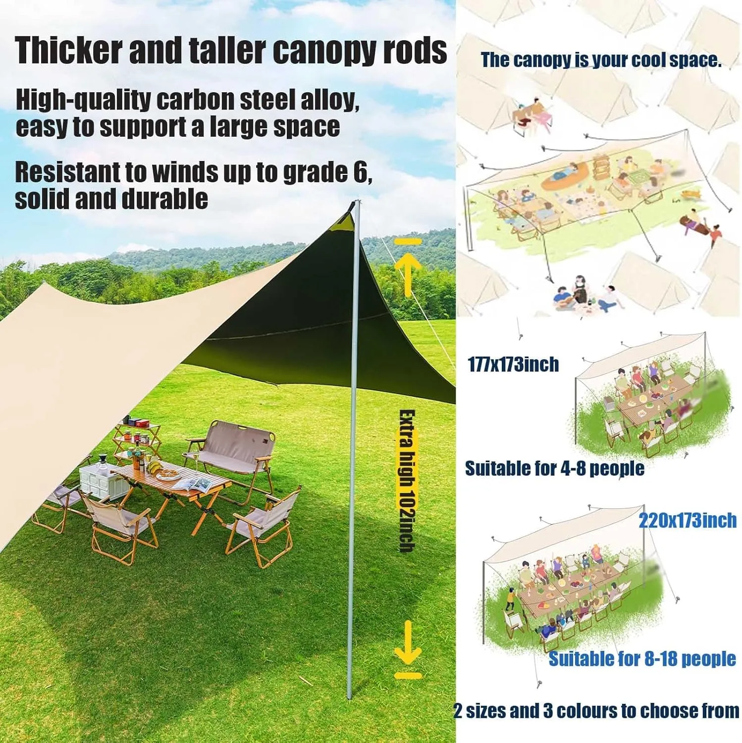 KAnduo Camping Tarp with Poles, 18x14ft Canopy Waterproof Tent Tarp, Rain Shelter 8 Corner Awning Multifunctional Large Camping Tarps for Outdoors Hiking Picnic(Rice-White,177x173x102inch)