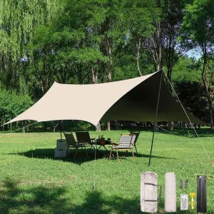 KAnduo Camping Tarp with Poles, 18x14ft Canopy Waterproof Tent Tarp, Rain Shelter 8 Corner Awning Multifunctional Large Camping Tarps for Outdoors Hiking Picnic(Rice-White,177x173x102inch)