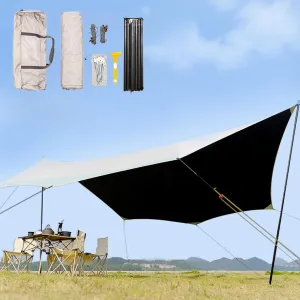 KAnduo Tarp with 3 Poles 18X14ft Waterproof Camping Tarp 8 Corner Awning, Picnic Tent Rain Fly Sun Shelter Anti-UV Ideal to Enjoy with Family and Friends(Rice-White,220x173x102inch)